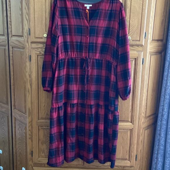Knox Rose Festive Holiday Christmas Ruby Plaid Black V-neck Button Front Dress - Picture 11 of 11